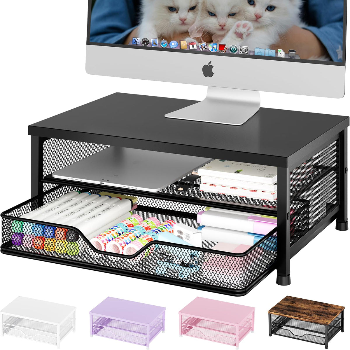 OPNICE Computer Monitor Stand Riser, Desk Organizer with Drawer, Printer & Laptop Stand, Office Desk Accessories & Workspace Desktop Organizers Storage for Office Supplies(Black)