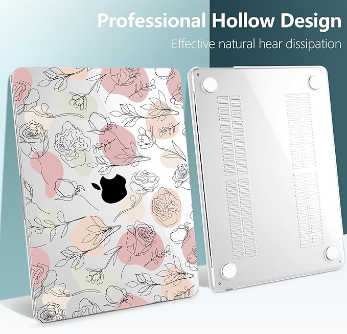 TWOLSKOO Compatible with M4 MacBook Air 15 inch Case 2025-2023 Released Model M4 A3241 M3 A3114 M2 A2941, Plastic Hard Shell & Screen Protector & Keyboard Cover & Trackpad Film, Line Flowers