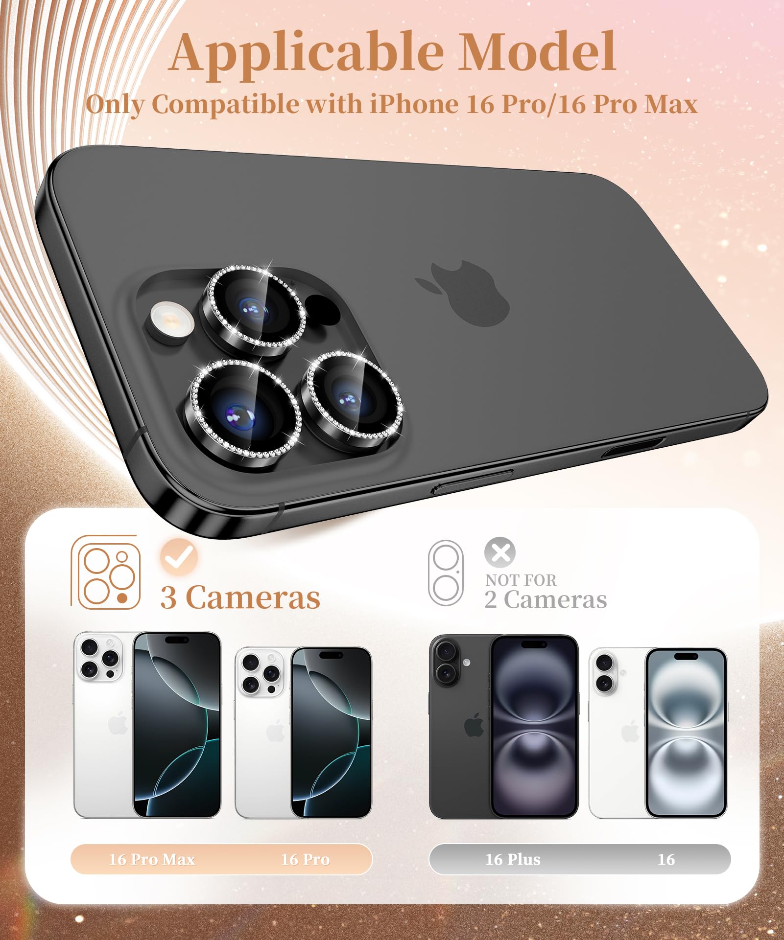 GolbinBox Camera Lens Protector for iPhone 17 Pro Max/17 Pro/16 Pro Max/16 Pro, 1:1 Invisible Fit, 9H Tempered Glass Ultra HD Metal Individual Camera Cover for Women, Case Friendly,Bling/Black