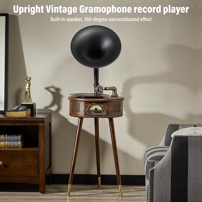 Gramophone Record Player，Italian Style Gramophone Vinyl Record Player with Control/Bluetooth/USB/FM Vintage Record Players Turntables 2 Speed(33/45), Hi-Fi, Classic Tripod Retro Wooden Design