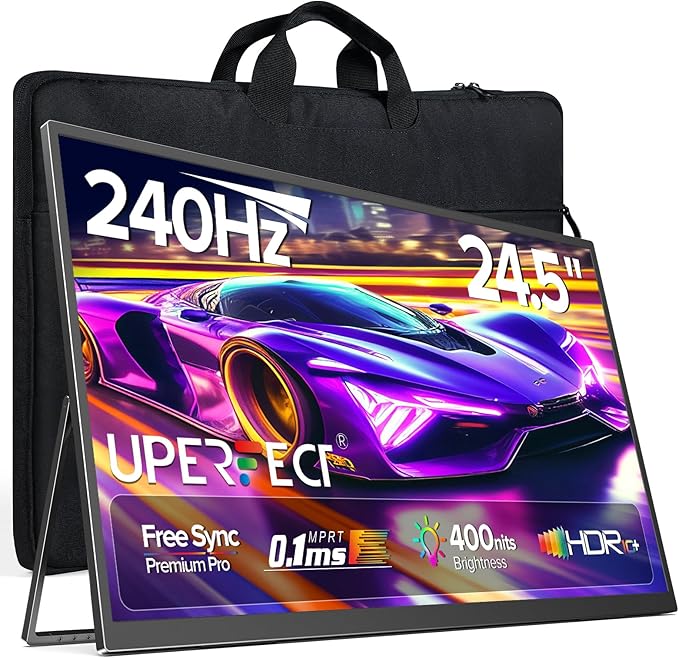 UPERFECT 24.5" Portable Monitor 240Hz Gaming Monitor 1200:1 Contrast FreeSync 1ms Fast IPS Large Screen, Built-in 180° Adjustable Stand/VESA, USB-C HDMI Second Screen for Laptop, Phone, Game Console
