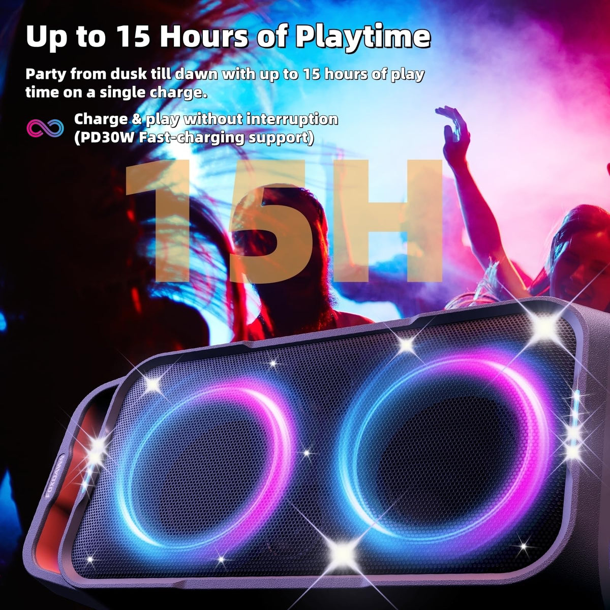 Foxdawn Party Bluetooth Speaker: 240W Peak Loud Sound, Deep Bass, 15H Playtime, Fast Charge, IPX4 Waterproof, TWS, Led Light Show, Large Portable Wireless Speakers for Outdoor, Camping, Backyard, Home
