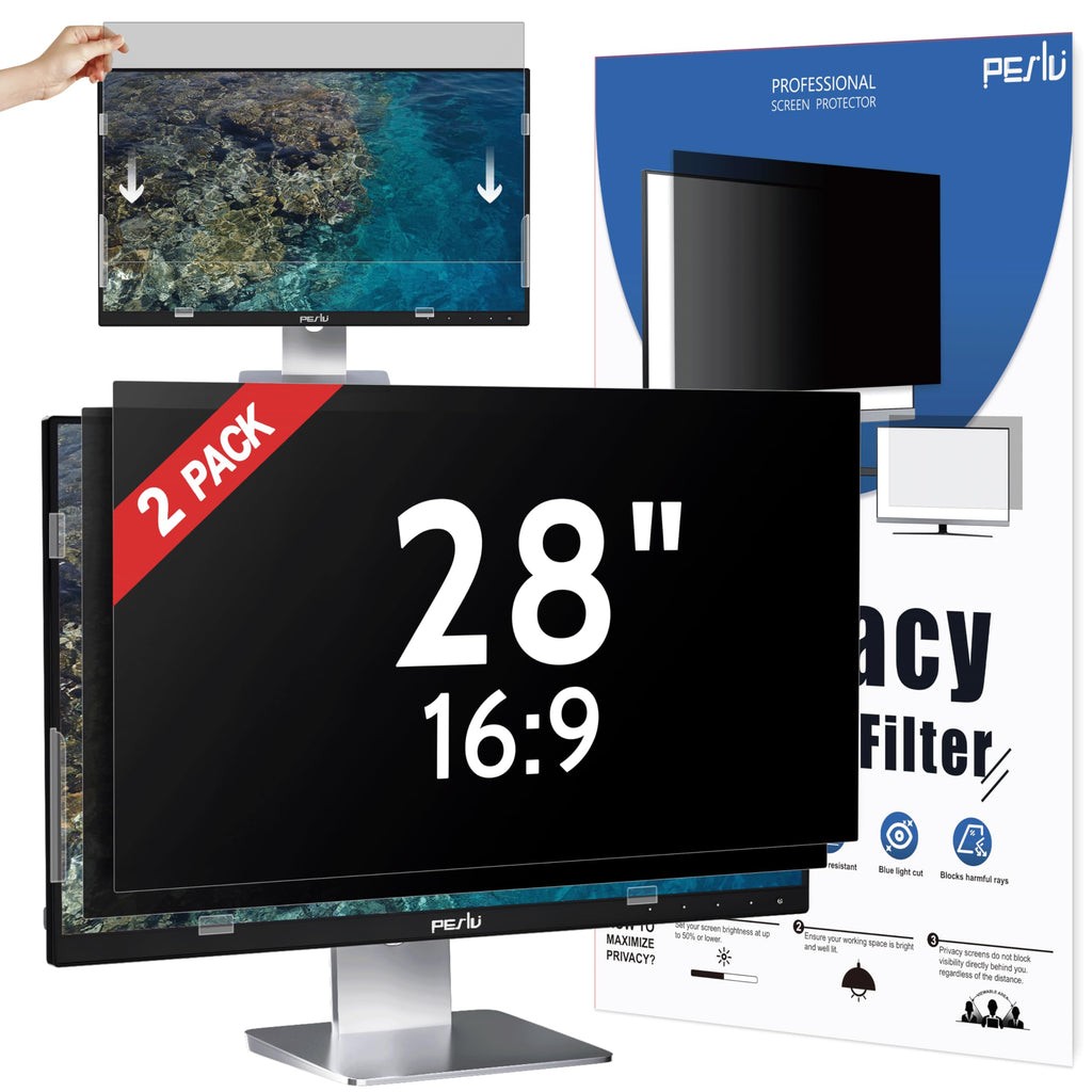 Peslv [2 Pack] 28 Inch Privacy Screen for Computer Monitor 16:9 Aspect Ratio, Eye Protection Anti Blue Light Glare Shield, 28inch Removable Black Blackout Anti Spy Desktop Security Private Filter