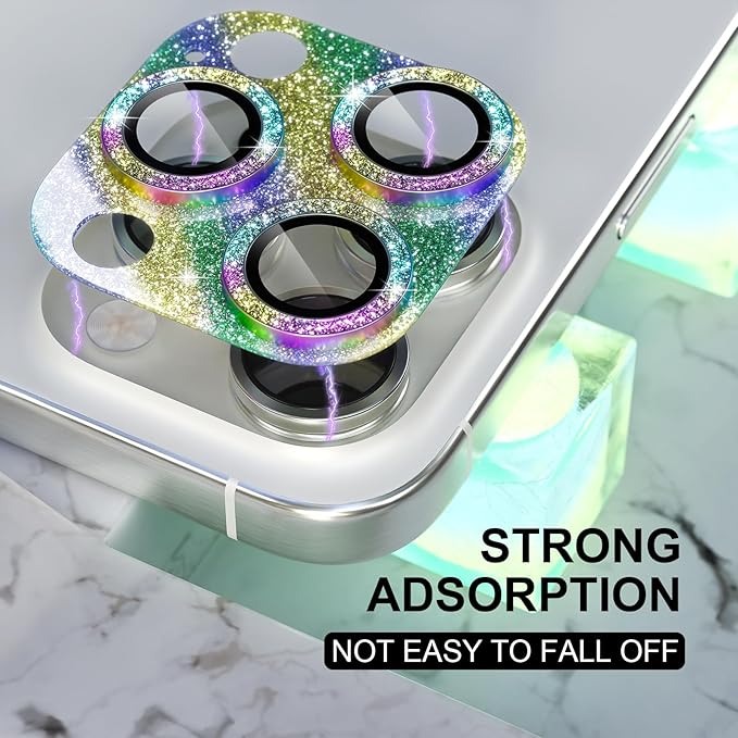 Choiche Compatible for iPhone 16 Pro/iPhone 16 Pro Max Camera Lens Protector, Bling Camera Cover with 9H Tempered Glass Lens Screen Protector Metal Ring Decoration Accessories (Glitter-Colorful)