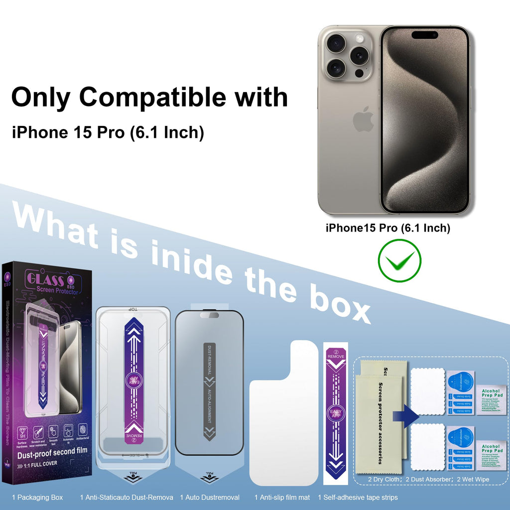 SHANG PIN JIA 2 Pack Matte Screen Protector for iPhone 15 Pro 6.1-Inch Auto Dust Removal, No Bubbles, Tempered Glass Film, Easy Installation