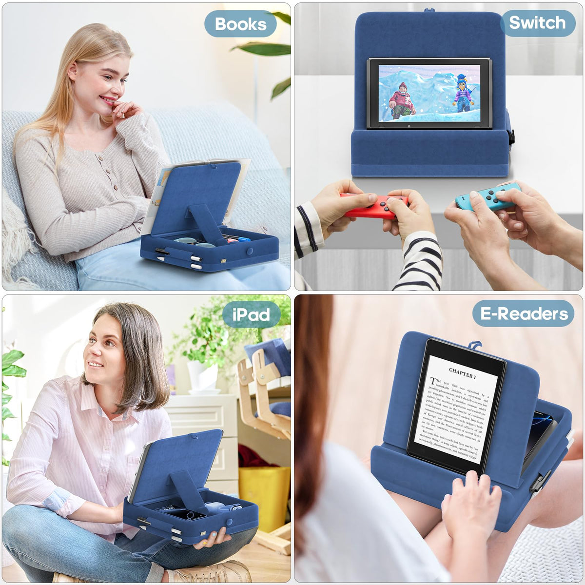 KDD Tablet Pillow Stand with Storage, Foldable iPad Holder for Bed, Lap and Desk, Angle Adjustable Soft Pad Dock with Stylus Mount Compatible with Ipad Pro 12.9, 10.5, 11, Air, Mini, Phones, Books
