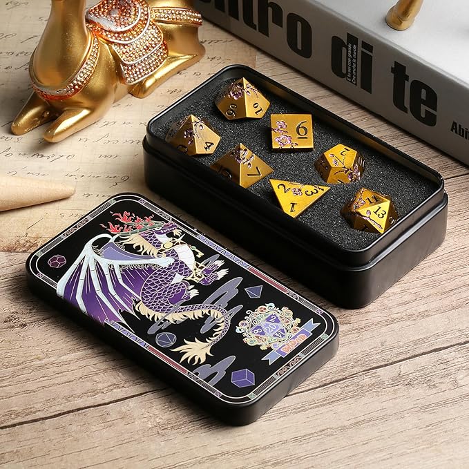 DNDND Flower Metal DND Dice, 7 PCS Heavy Solid Metallic Dragon Dice Set with Gorgeous Gift Case for D&D Dungeons and Dragon Tabletop Game (Ancient Brass)