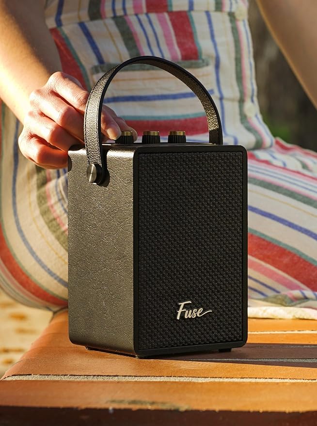 Fuse Andle Vintage Retro Bluetooth Speaker with Vegan Leather Handle | Portable Speaker with Smartphone Connection | USB & AUX Input | Stylish Black Wood Exterior