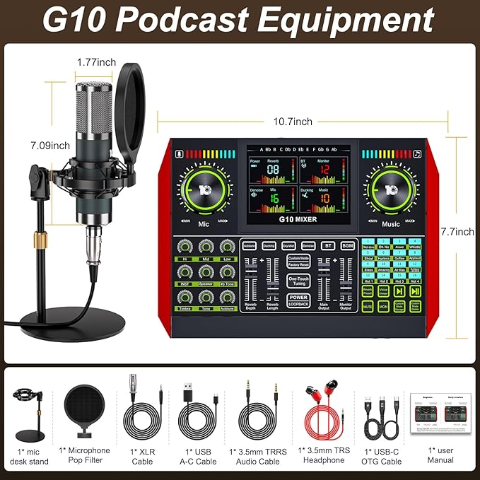 G10 podcast equipment bundled with audio mixer integrated podcast production studio, equipped with P15 microphone, used for live streaming, podcast recording PC,YouTube Recording