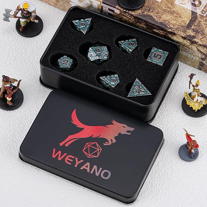 DND Metal Dice Set, Polyhedral Dice Set for RPG D&D Dice with Cracks Dungeons and Dragons Dice Set for RPG TTRPG D&D Die with Gift Case(Black Nickel Dark Green)