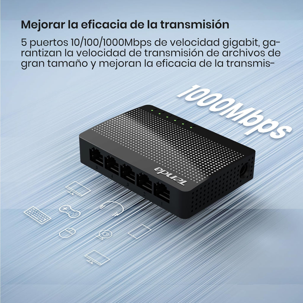 Tenda 5 Port Gigabit Ethernet Switch, Desktop Ethernet Splitter, Unmanaged Network Switch Hub for Office/Home, Plug & Play, Wall-Mount, Fanless Quiet, Plastic Case