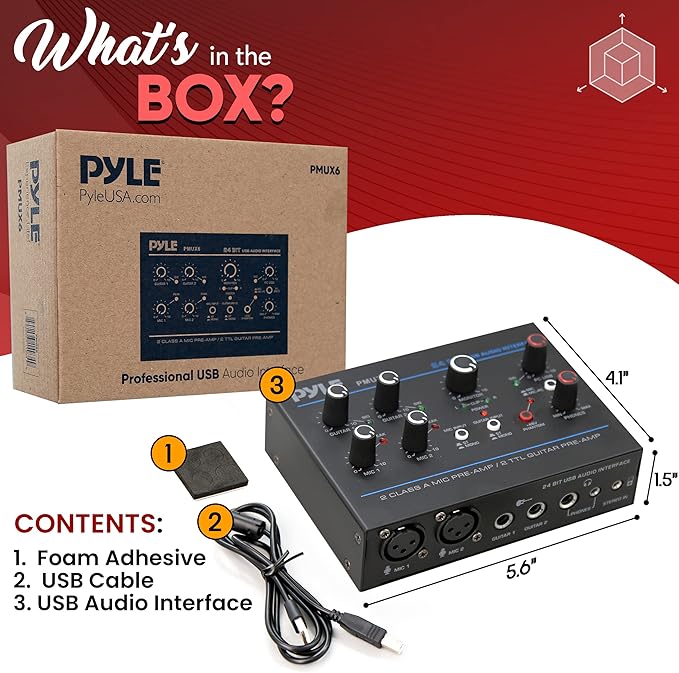 Pyle Professional USB Audio Interface with MIC, Guitar, AUX Stereo Inputs, Phone/Monitor Outputs, Ideal for Computer Playing & Recording, Compact Rugged Metal Housing - PMUX6