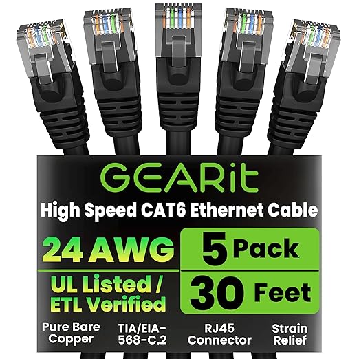 GEARit Cat 6 Ethernet Cable Pack - 5-Pack 30 ft Cat6 Ethernet Patch Cables | RJ45 Network Patch Cable, 10 Gbps Snagless Gold-Plated Connectors - Ethernet Cable Cat 6 for PC, TV, Router - Black