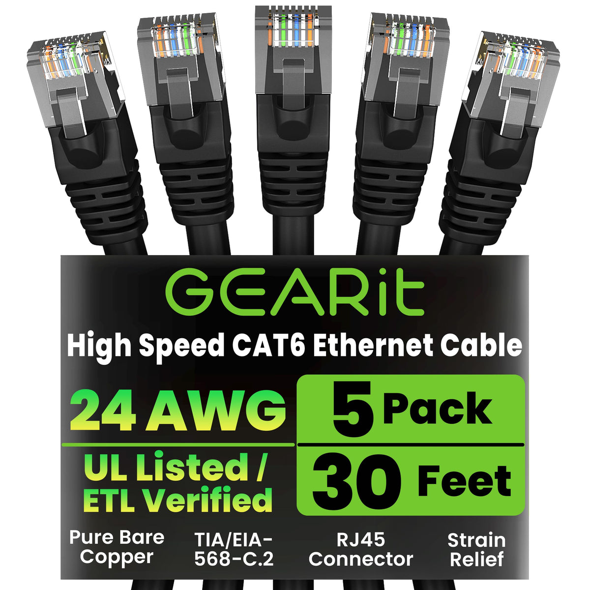 GEARit Cat6 Patch Cables Cat 6 Ethernet Cable 3 ft 5-Pack Black