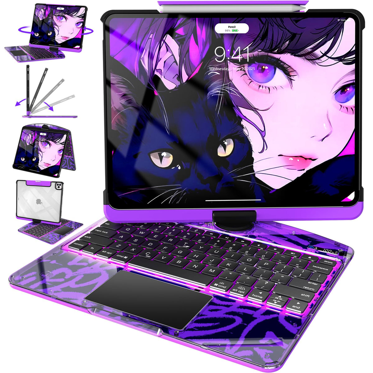 Intermerge Transparent Keyboard Case for iPad Pro 13"(M5,2025/ M4,2024), 360° Swivel Multi-Touch Trackpad, 7-Color RGB Backlit, Pencil Holder, Type-C, Power Indicator, Aqua Pulse
