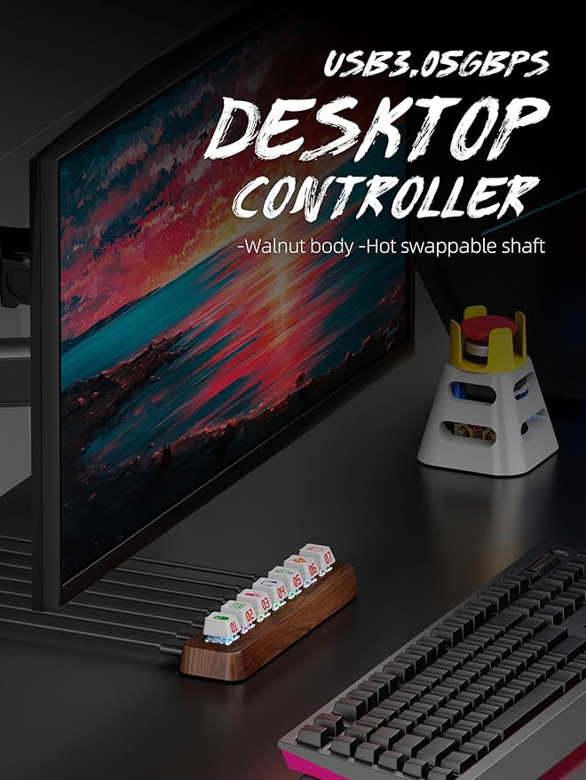 7-Port USB 3.0 Powered Hub, RGB Lighting, Hot-Swappable Cherry MX Switch Support, 5Gbps Speed, Includes 12V/2A Power Adapter, Walnut Wood Cyberpunk USB Dock-FU0724