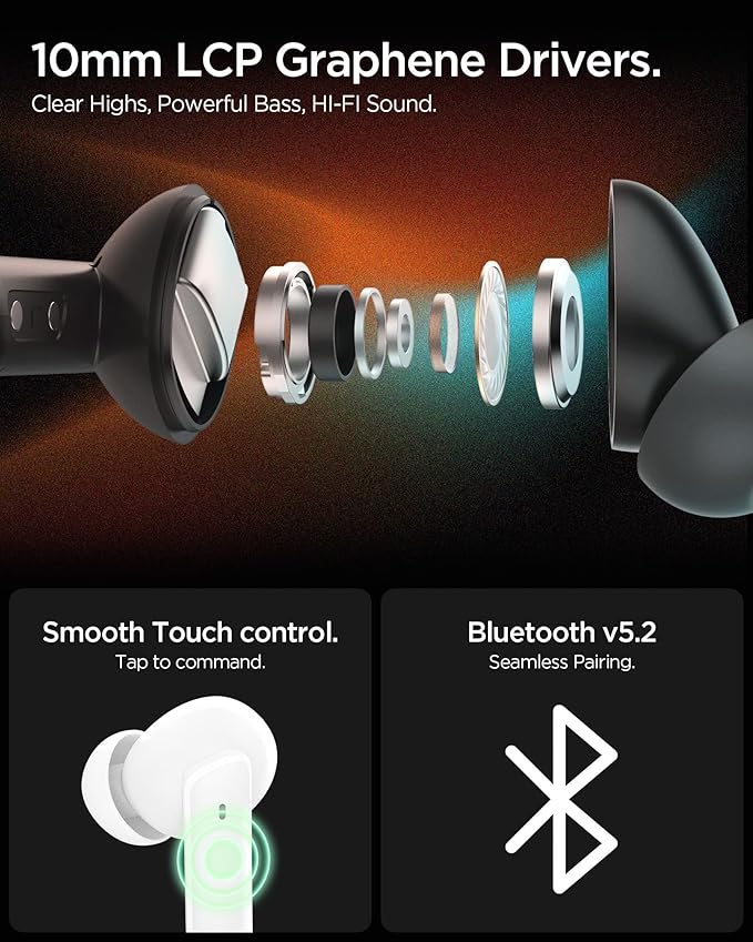 Spigen True Wireless Earbuds, Active Noise Cancellation Bluetooth Headphones with 30H Playtime, EQ Customizing App, 6 Mics, Gaming Mode, LCP Graphene Driver - Black