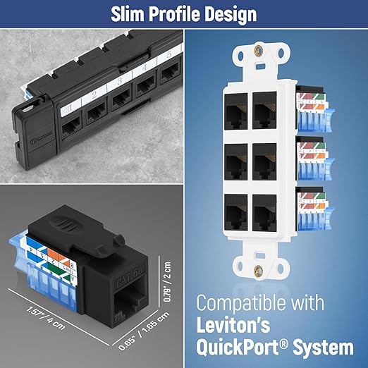 Everest 45° Angled RJ45 Cat5e Keystone Jacks 20-Pack in Black - Slim Profile Female RJ45 Connectors - Cat 5e Keystone Jack - Compatible with 45° Angled Speed Termination Tool - 45Term (B0BL3GS7ZY)