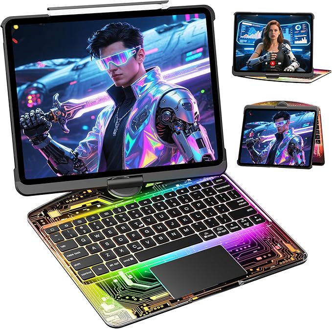 KITONE Transparent Case with Wireless Keyboard only for 2024 iPad Pro 11-in.(M4), 7 Colors Backlight, Trackpad, 360°Rotating Stand for iPad Pro 11(5th Gen), Tech Style