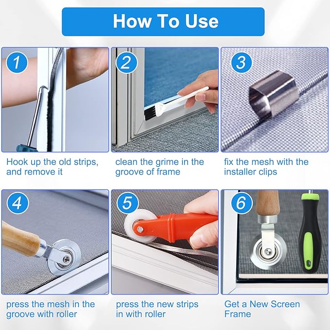 Window Screen Repair Kit Mesh Screen Spline Roller Repair Tools Kit with Screen Installer Clips, Metal and Plastic Spline Fixing Tool Kit for Window Screen