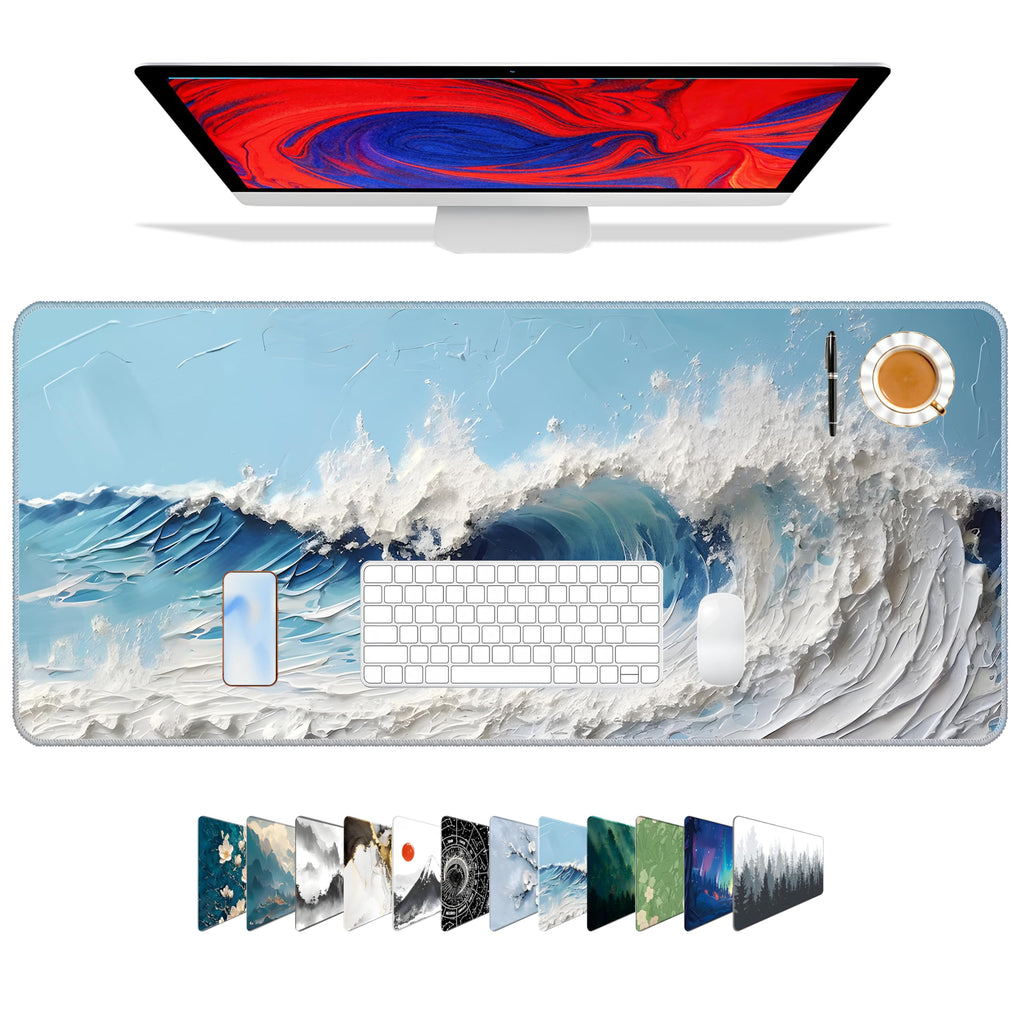 Galdas Gaming Mouse Pad XXL XL Large Long Extended Big Mousepad Non-Slip Rubber Keyboard Desk Pad with Stitched Edges for Laptop Home Office (31.5x11.8x0.08 Inch) … (Painting Waves)
