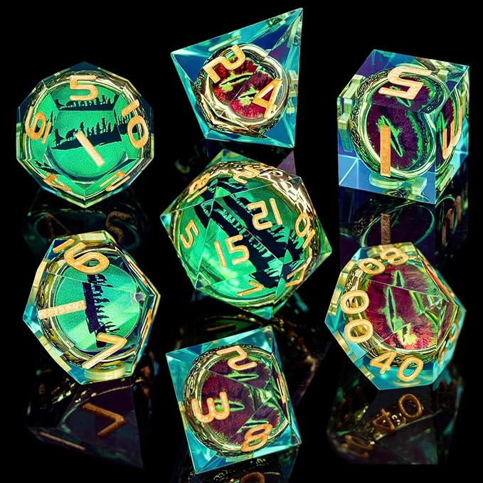 Magic Golden Ring DND Dice Set Sharp Edge Red Gaze Eye Resin Dice with Box, for use with RPG D&D Tabletop Games Lord Green D and D Polyhedral Dice Set