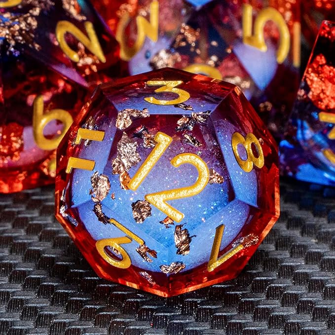 ARUOHHA Liquid Core DND Dice Set, 7pcs Resin Sharp Edged Dragons Dice Compatible with D&D Role Playing Games, RPG Golden Numbers Blue Red Dungeons Polyhedral D and D Dice with Gift Box D20 D10 D6