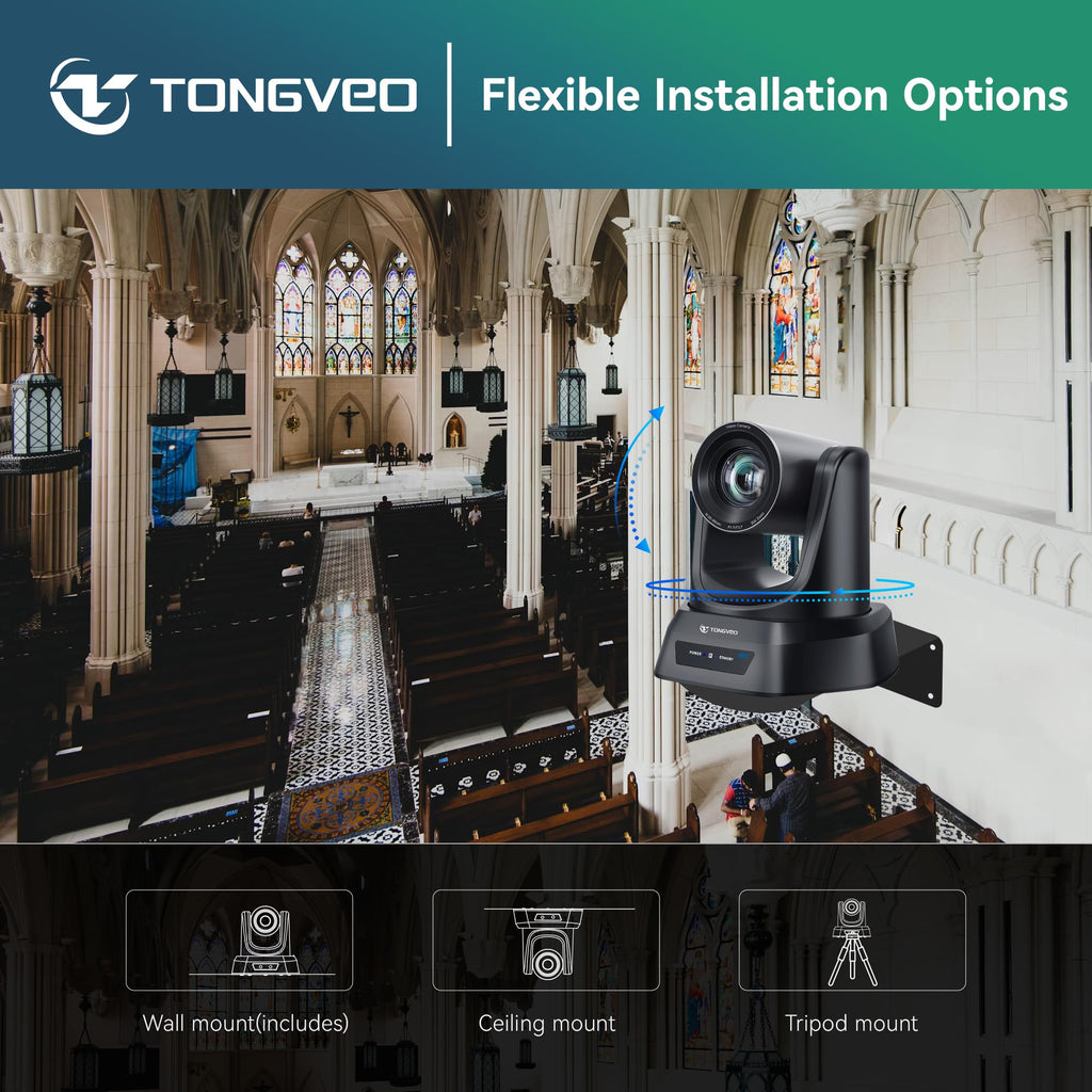 TONGVEO Conference Room PTZ Camera System with 20X Optical Zoom, AI Auto Tracking 1080P 60fps HDMI USB Webcam for Church Streaming Online Video Conference,Compatible with Zoom, OBS Easy Setup（1 pc