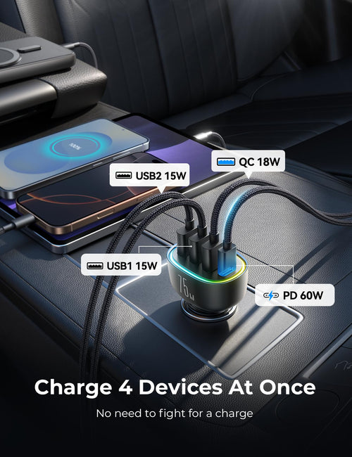 75W Car Charger USB C, 4 Port Super Fast Cigarette Lighter USB Charger, Type C 60W & QC 3.0 Multiport Car Phone Adapter Accessories for iPhone 17/16/15/14/13/12 Pro Samsung S26 Series