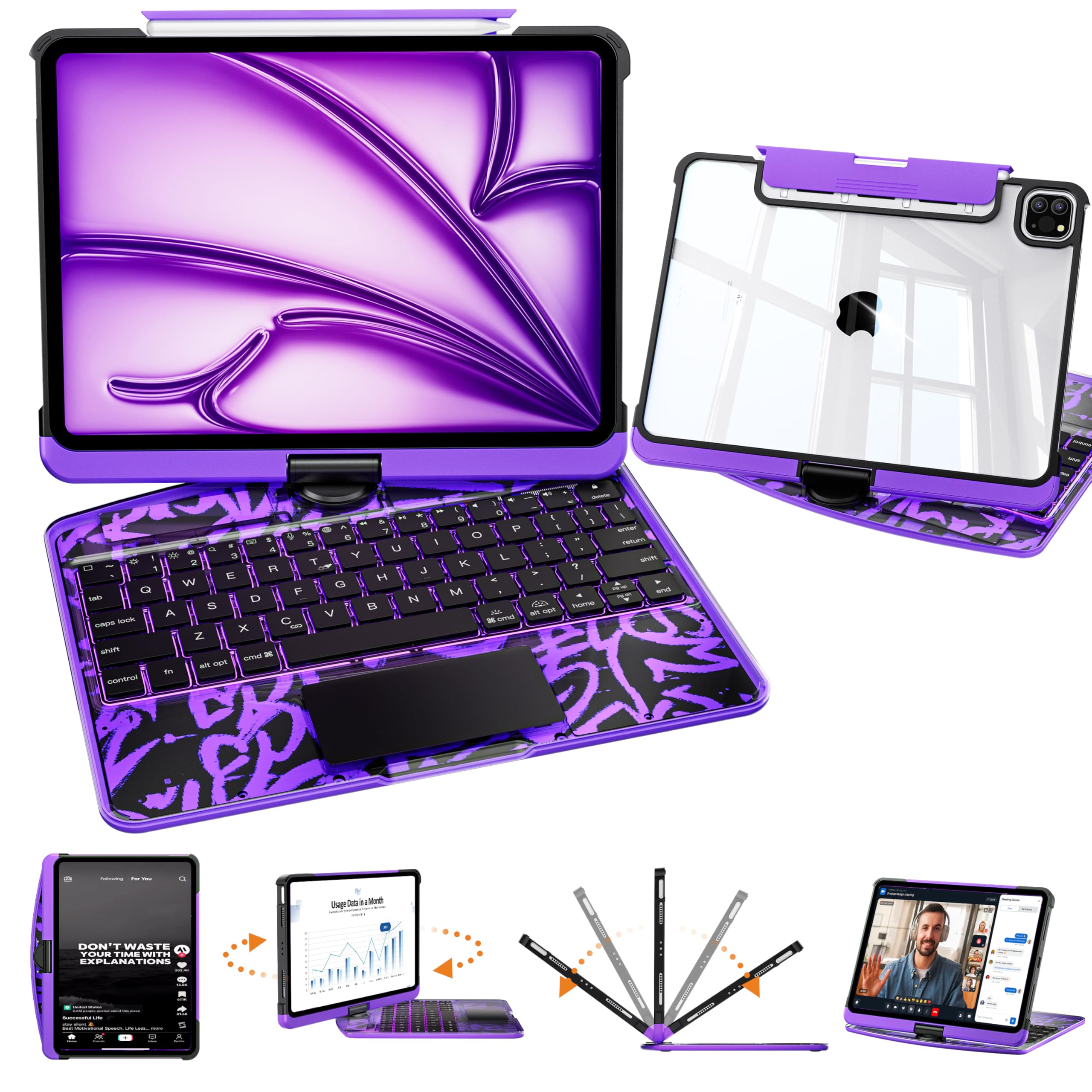 Uminy Clear Keyboard Case for iPad Pro 11 Inch with 360° Rotation, Purple