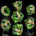 ORIFANTOU Magic Golden Ring DND Dice Set with Case, Green Resin Sharp Edge D and D Dice for use with D&D Tabletop Games Lord Handmade Polyhedral Dice Set D20 D12 D10 D8 D6 D4