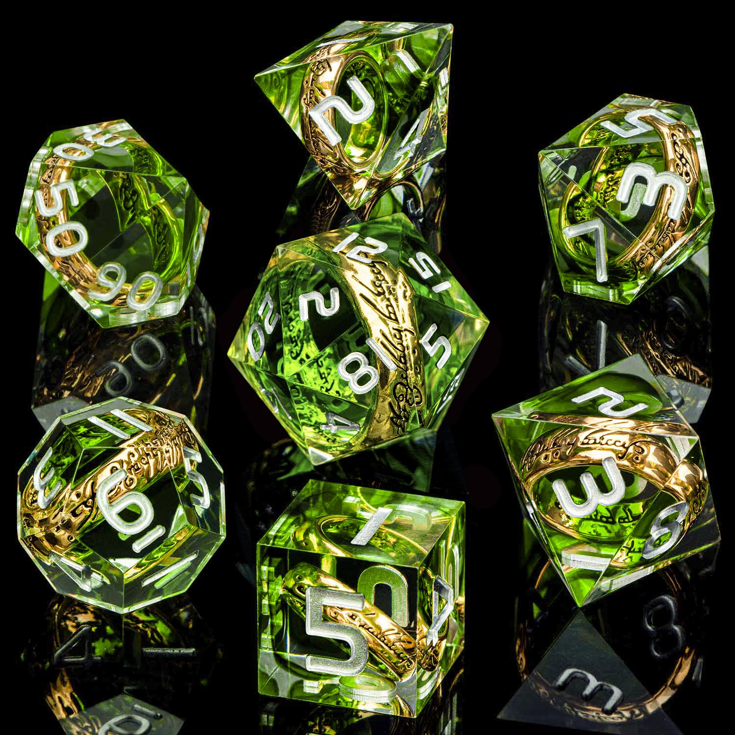 ORIFANTOU Magic Golden Ring DND Dice Set with Case, Green Resin Sharp Edge D and D Dice for use with D&D Tabletop Games Lord Handmade Polyhedral Dice Set D20 D12 D10 D8 D6 D4