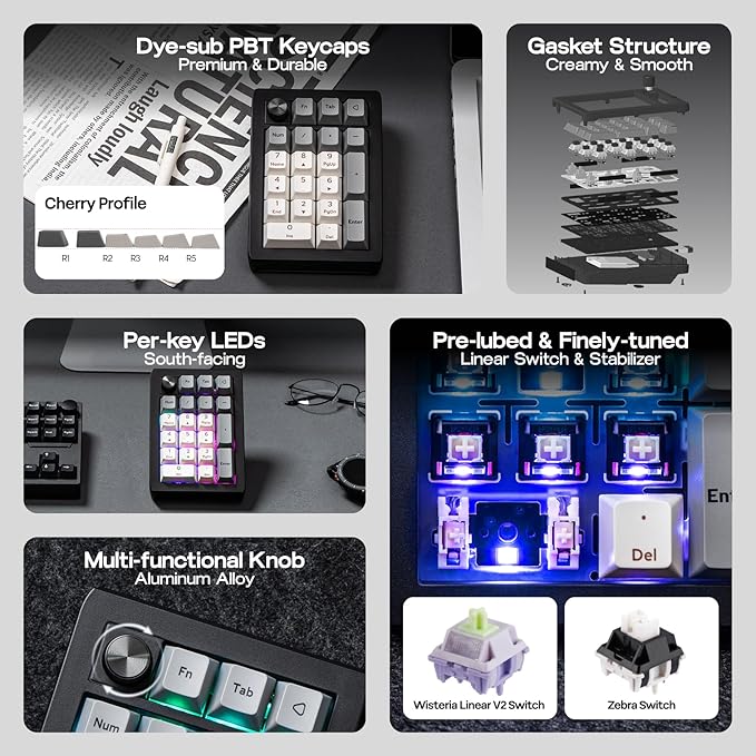 EPOMAKER EK21 VIA Gasket Number Pad with 1000mAh Battery, BT 5.0/2.4GHz/Wired Hot-Swap Numpad with Aluminum Alloy knob, Programmable for Win/Mac/Gaming (Black Silver, Wisteria V2 Switch)