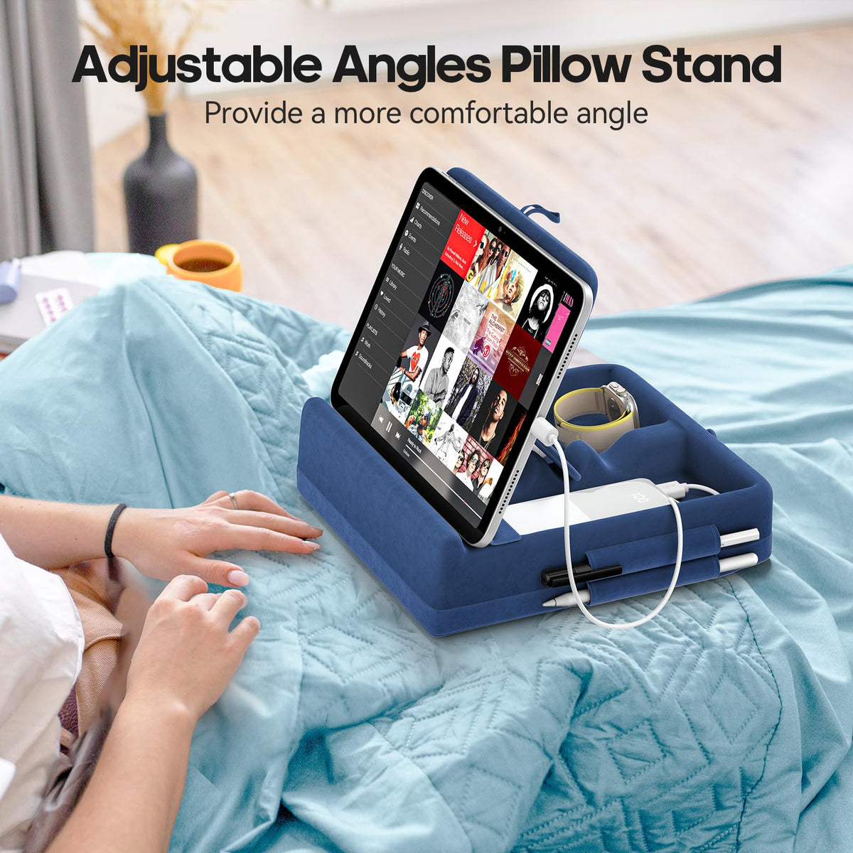 KDD Tablet Pillow Stand with Storage, Foldable iPad Holder for Bed, Lap and Desk, Angle Adjustable Soft Pad Dock with Stylus Mount Compatible with Ipad Pro 12.9, 10.5, 11, Air, Mini, Phones, Books