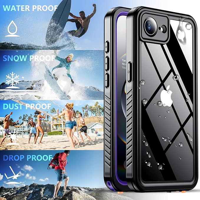 SPIDERCASE for iPhone 16e Case Waterproof,Built-in Screen & Camera Lens Protector[IP68 Underwater] [Military Grade Shockproof] Cell Phone Home Button Stickers, Purple/Clear