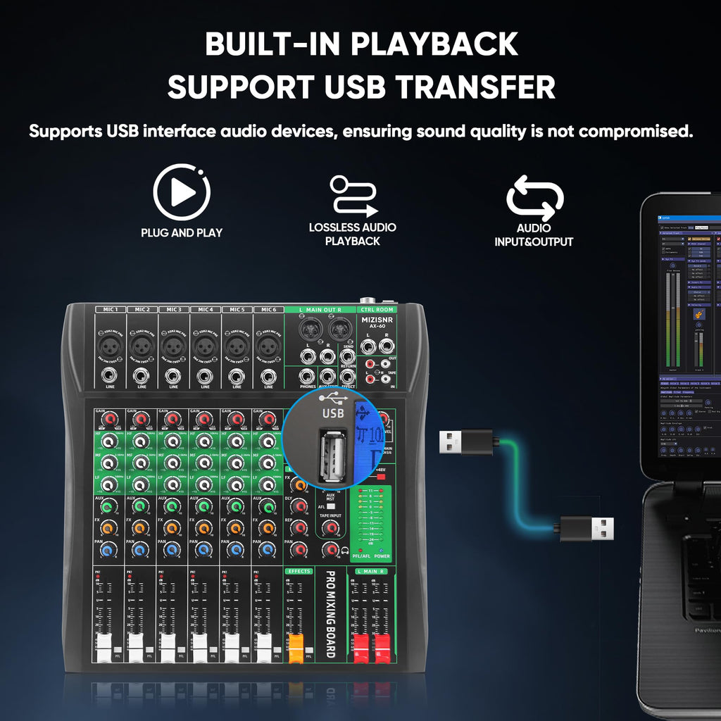 MIZISNR 6 Channel Audio Mixer, Professional DJ Mixer Board Sound Music Mixing Console Digital Mixer with Reverb, Bluetooth, USB Port, 48V Phantom Power for Recording Karaoke Podcasting