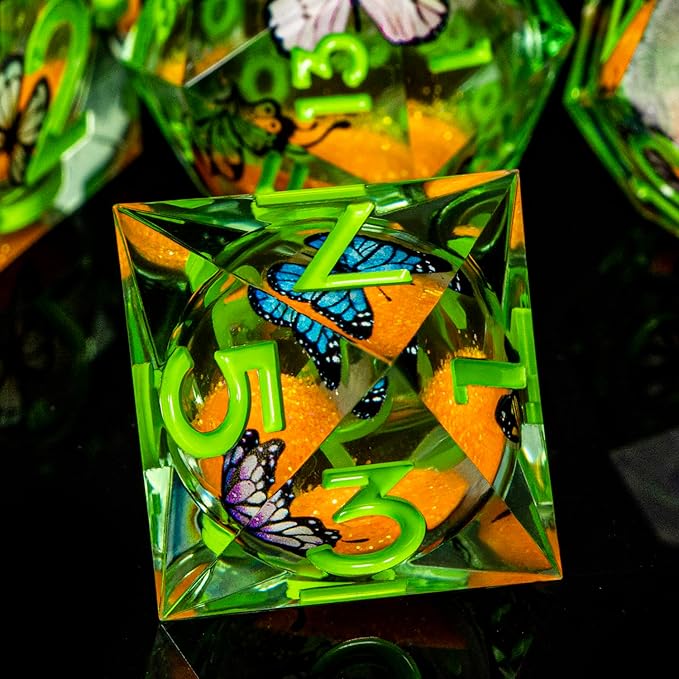 Butterfly DND Dice Green Liquid Core Dice Set with Metal Box, Handmade Sharp Edge D and D Polyhedral Dice for use with D&D Role Playing Game, D20 D12 D10 D8 D6
