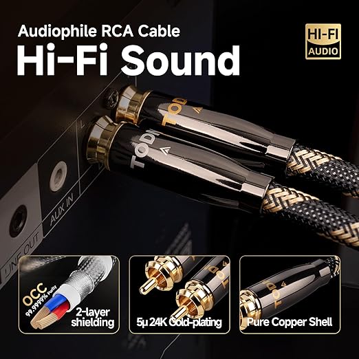 TODN HiFi RCA Audio Cable Audiophile RCA Cables for Car Audio with O-C-C Copper Core, Dual Shielded (10 ft/3m, 1 Pair)