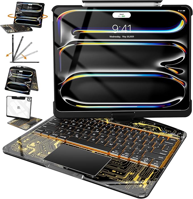 Intermerge Clear Keyboard Case for iPad Pro 13" (M4) 2024 Only, 360° Swivel Multi-Touch Trackpad, 7-Color RGB Backlit, Pencil Holder, Type-C, Power Indicator, Shadow Pulse