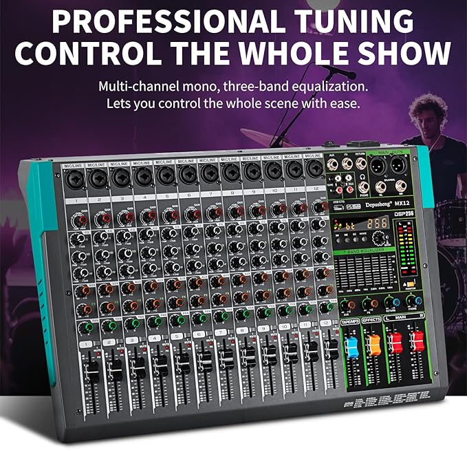 Depusheng MX12 12 Channel Sound Mixer Audio Mixing Console 48V 256DSP Professional USB PC Play Record Podcast Live Broadcast (US MX12)