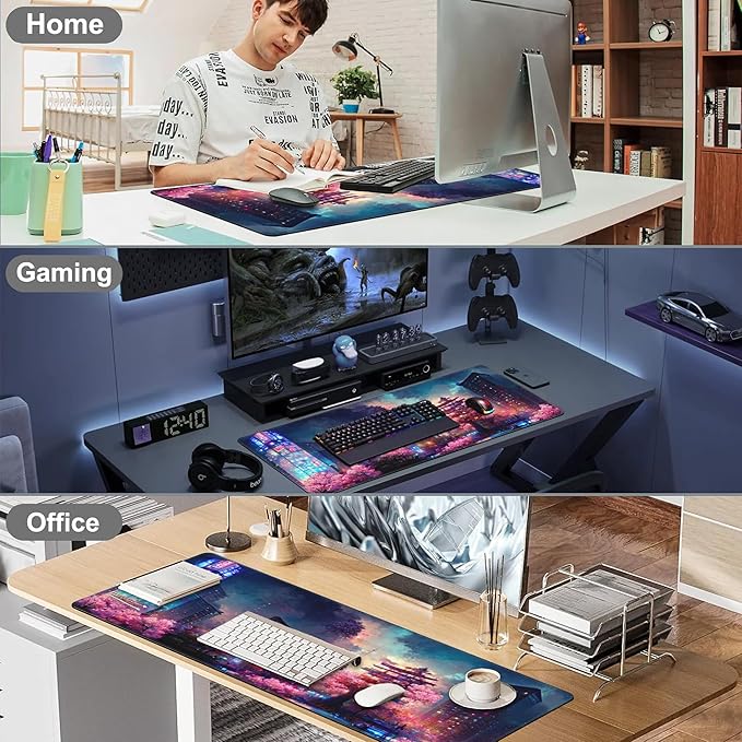 Japanese Fantasy Night City Desk Mat,Large Beautiful Night Scene Gaming Keyboard Mouse Pad,Non-Slip Rubber Base Desk Pad Thick Stitched Edges Waterproof Mousepad Mouse Mat 31.5"x11.8"