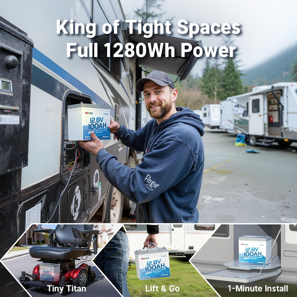 Redodo 12V 100Ah Ultra-Mini RV LiFePO4 Battery, Bluetooth Lithium Battery with Low Temp Protection, Group 22NF Size & 4000+ Deep Cycles, 100A BMS for RV Camping Trolling Motor Off Grid Use 4 Pack