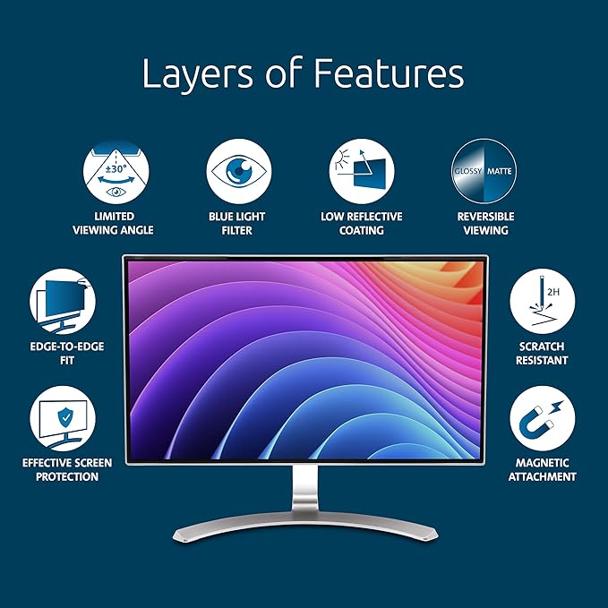 Kensington MagPro 21.5 Inch Magnetic Computer Privacy Screen for Desktop, Removable 16:9 Computer Privacy Filter, Anti-Glare Blue Ray Reduction, Compatible with Slim Bezel Monitors, K55420WW