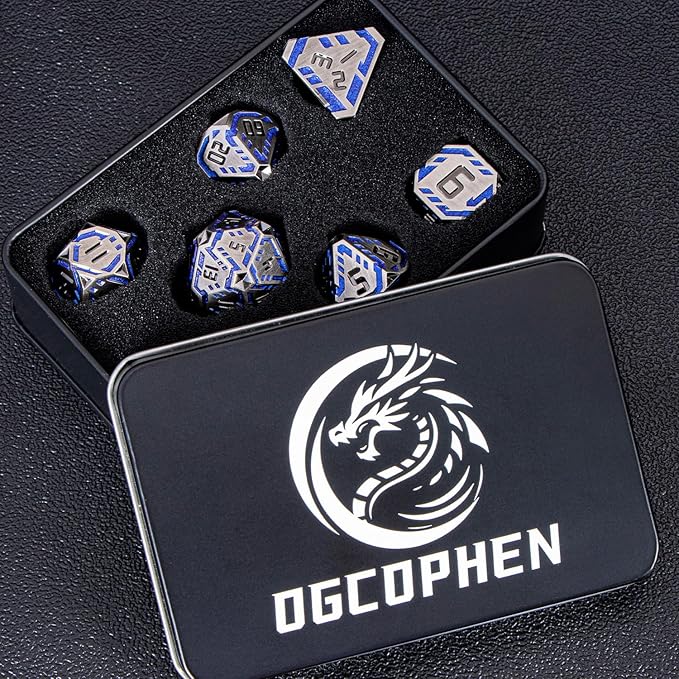 Metal DND Sci-fi Dice Set 7PCS Stripe Polyhedral Dice for Dungeons Dragons RPG Role Playing Game, Glitter D and D Dice with Gift Box D6 D8 D10 D12 D20 (Blue Purple&Grey)