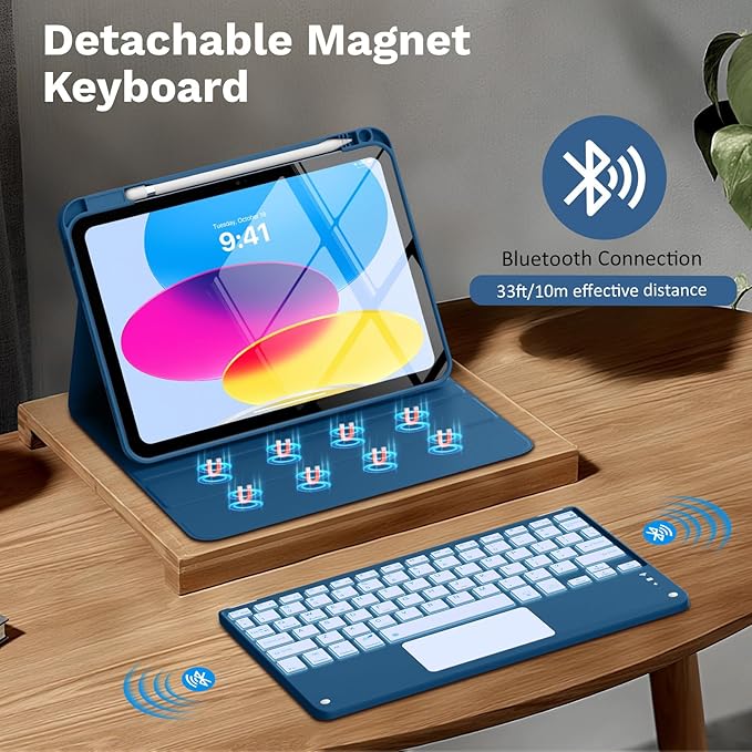MoKo Touch Keyboard Case for iPad (A16) 11th Generation 11 inch 2025, iPad 10th Generation 10.9 inch Case with Pencil Holder,7 Colors Backlit Multi-TrackPad Detachable Bluetooth Keyboard,Dark Sea Blue