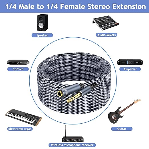 1/4" Male to Female Stereo Headphone Extension Cable - 15ft, Quarter Inch Guitar Cable