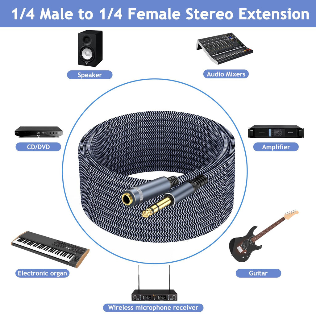 TAISUSAN 1/4 inch 10ft Stereo Headphone Guitar Cable, Male to Female, Quarter inch Headphone Extension
