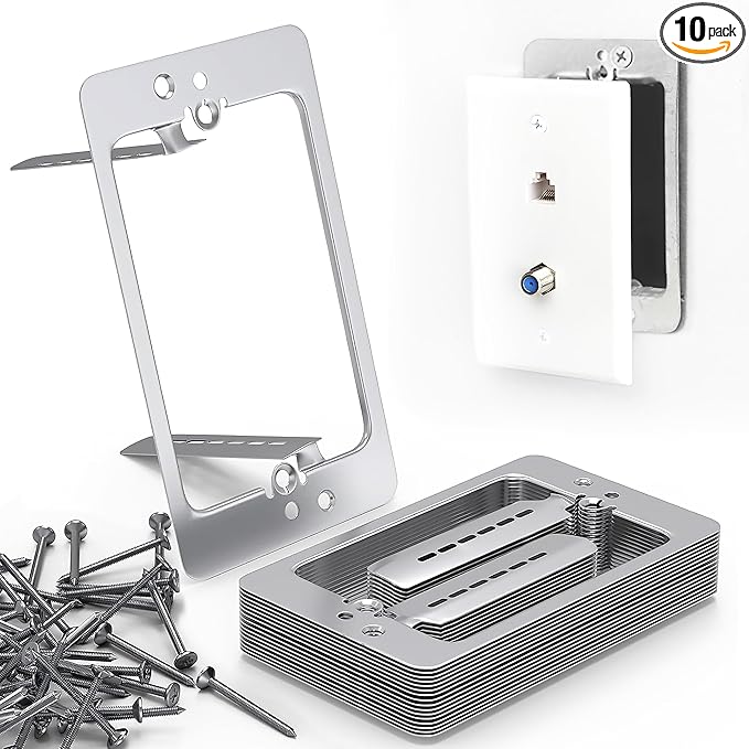LV1 Low Voltage Mounting Bracket 1 Gang (10 Pack) – Single Gang Drywall Brackets for Fixing Loose Outlets or Adding New Outlet Wall Plates, Telephone Wires, Network Cables, HDMI, Silver