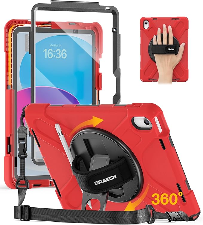 BRAECN for iPad (A16) 11th/10th Generation case 11/10.9 inch 2025/2022 Heavy Duty Shockproof Protective with Pencil Holder Screen Protector 360°Rotating Stand Handle & Shoulder Strap Full Body Cover
