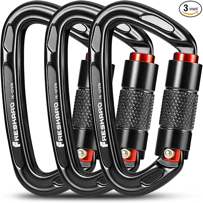 FresKaro UIAA Certified 25KN Auto Locking Climbing Carabiner Clips, Twist Lock, and Heavy Duty Carabiners for Rock Climbing, Rappelling, and Mountaineering, D Shaped